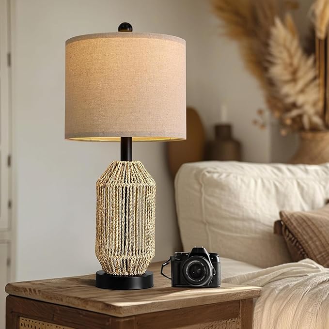 OYEARS 21" Boho Table Lamps Set of 2 for Living Room, Bedside Lamps for Nightstand, Rattan Lamp for Bedroom, Farmhouse Table Lamps for Boho Decor, End Table, Retro, Black