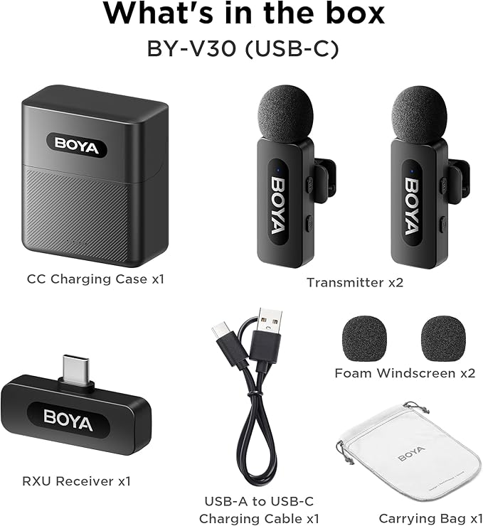 BOYA BY-V30 Wireless Lavalier Microphone,USB Type-C Mini Laple Mics for iPhone16,Android Smartphone,36H Battery,Noise Reduction,328FT Range Clip-on Condenser Mic for YouTube Interview TikTok