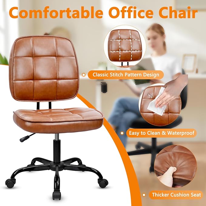 CLATINA Armless Home Office Chair with Lumbar Support and Wheels, Small PU Leather Ergonomic Low Back Desk Chairs No Arms, Adjustable Height 360° Swivel Rolling Computer Task Chair, Brown, 4 Pack