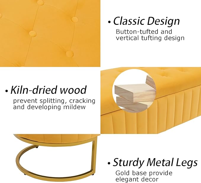Velvet Storage Bench for Bedroom, Modern Tufted End of Bed Bench for King Size Bed, Upholstered Long Ottoman Bench with Gold Legs for Living Room/Entryway (Mustard Yellow, 55" W)