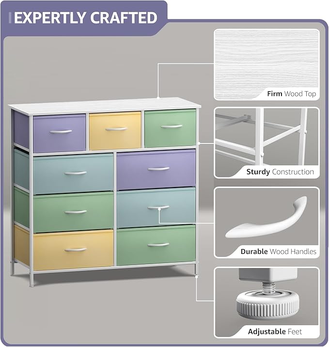 Sorbus Kids Dresser with 9 Drawers - Furniture Storage Chest Tower Unit for Bedroom, Hallway, Closet, Office Organization - Steel Frame, Wood Top, Fabric Bins (Pastel 1, Pastel)