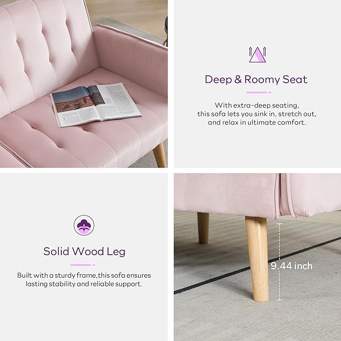 TYBOATLE 65" W Velvet Modern Convertible Folding Futon Couch Sofa Bed w/ 2 USB Charging Ports and arms, Loveseat for Compact Living Space, Dorm, Game Studio, Bonus Room, Apartment, Bedroom (Pink)