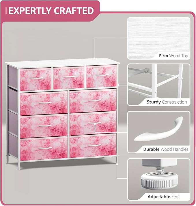 Sorbus Kids Dresser with 9 Drawers - Furniture Storage Chest Tower Unit for Bedroom, Hallway, Closet, Office Organization - Steel Frame, Wood Top, Tie-dye Fabric Bins (Pink, Tie-dye)