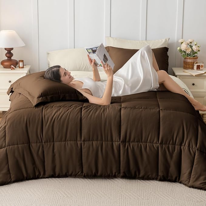 JOLLYVOGUE Twin Comforter Set, Ultra-Soft Bed in a Bag Twin Size 5 Pieces, Oeko-TEX Certified Bedding Set with Down Alternative Comforter, Sheets, Pillowcases & Shams, Brown & Beige