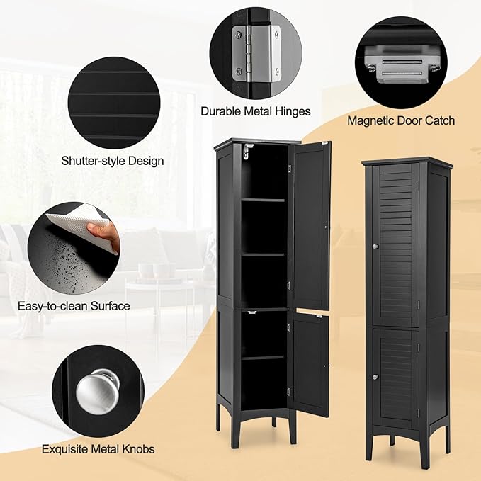 COSTWAY Tall Bathroom Storage Cabinet, 5-Tier Freestanding Linen Tower Cabinet with 2 Doors, Wooden Side Storage Organizer, Narrow Slim Floor Cabinet for Bathroom, Living Room, Kitchen (Black)