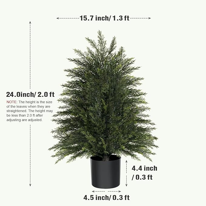 2FT Artificial Cedar Trees Set of 2, Realistic Faux Evergreen Topiary Bushes Plants, Outdoor Potted Fake Cypress Shrubs for Front Porch Garden Home Living Room Decor