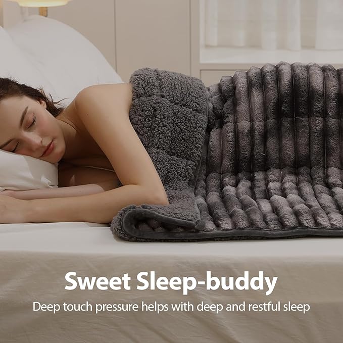 Sherpa Fleece Weighted Blanket with 3D Ribbed Stripes, 15 lbs Soft Flannel Heavy Throw Blanket for Couch Full Size Bed, Heavy Thick Blankets with Ceramic Beads, Great for Deep Sleep, 60" x 80"