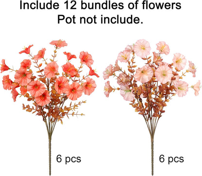 Artificial Mums for Outdoors Fake Fall Flowers Plants for Autumn Decoration, 12 Bundles Silk Morning Glory with Eucalyptus Look Real UV Resistant Faux Mums for Outside Planters Yard Patio Porch, Mix