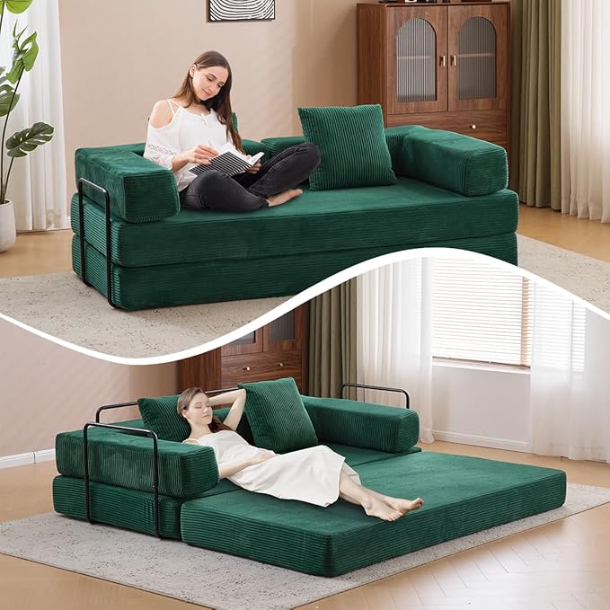 4-in-1 Convertible Folding Sleeper Sofa Bed, Fold Out Floor Sofa Couch with Fixed-Shape Frame, Cloud Corduroy Foldable Mattress Couch for Living Room Bedroom (78.5" Corduroy, Dark Green)
