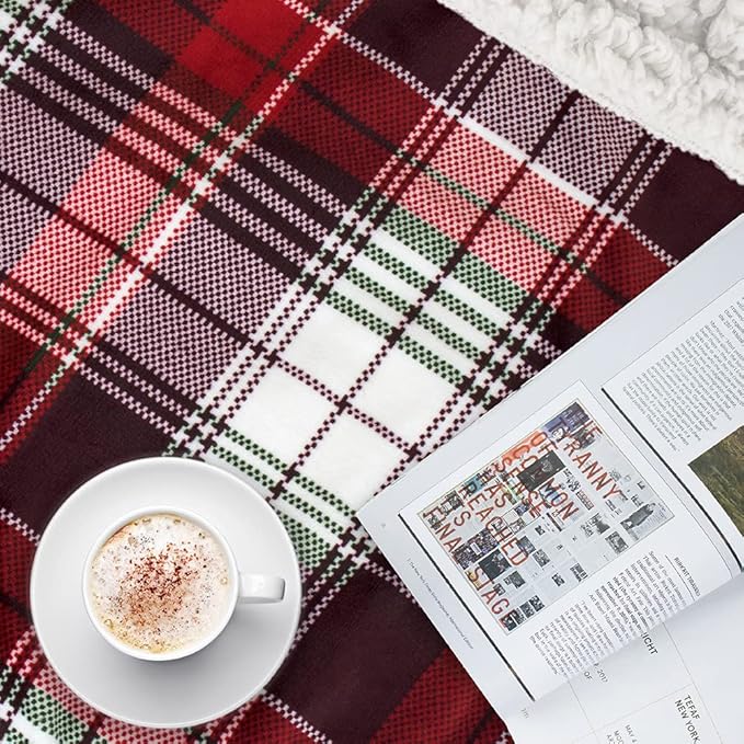 PAVILIA Christmas Plaid Blanket | Sherpa Fleece Flannel Throw Blanket | Christmas Plaid Warm Plush Microfiber Blanket for Couch Sofa | 60x80 Inches