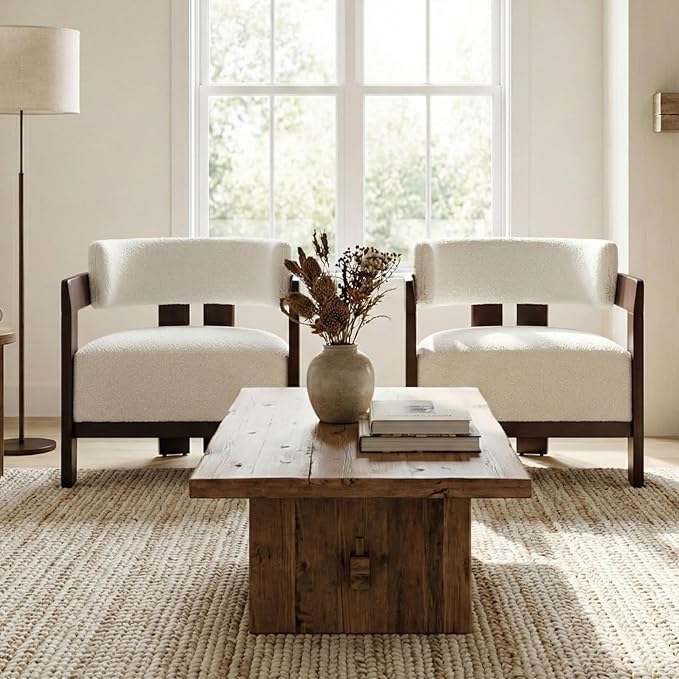 Beige Barrel Accent Chairs Set of 2, Cozy Upholstered Living Room Chair for Bedroom, Walnut Wood Frame, Vintage Modern Lounge Reading Chairs for Apartment Waiting Room Office,Beige