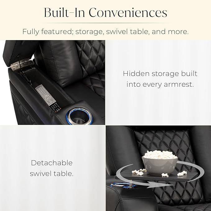 Seatcraft Diamante Zero-Gravity CoolZero Italian Leather Home Theater Seating, Power Headrest, Power Recline, Row of 5 Dual Loveseats, Black