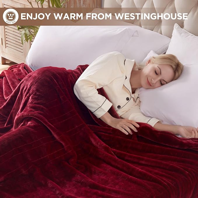 Westinghouse Heated Blanket Full Size - Electric With 10 Heating Levels, 1-12 Hours Auto Shut Off, Fast Warming, Machine Washable (Full, 72x84 Inches, Wine Red)