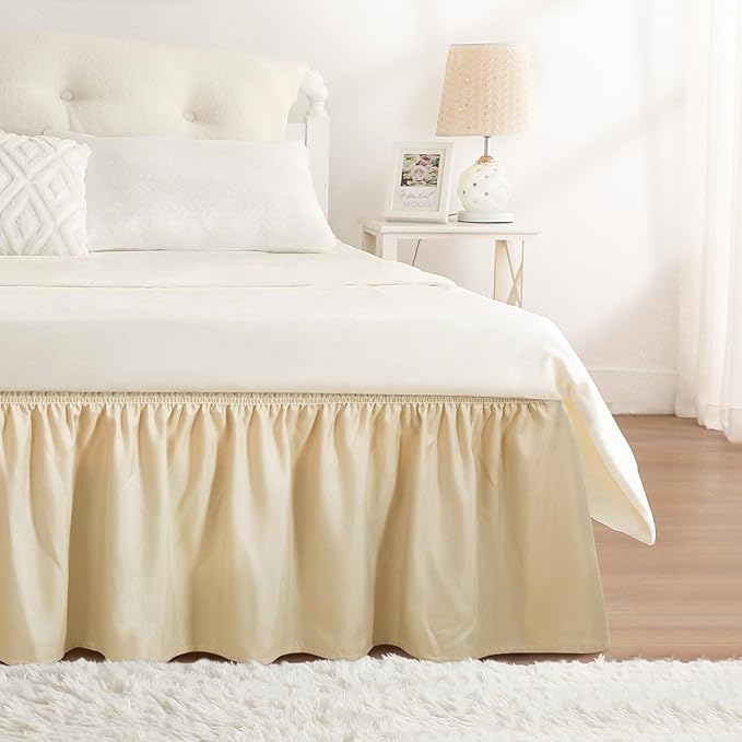 RIMELA Oatmeal Bed Skirt King Size 15 Inch Drop, Elastic Bed Skirting for Bed Base and Frame, Bedding Dust Ruffle Easy to Install, Lightweight Wrap Around Adjustable Bedskirt