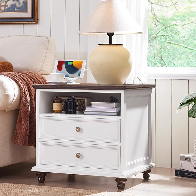 24" Wide Farmhouse Nightstand Set of 2 with Charging Station,End Table with 2 Drawers,Dresser for Bedroom Cabinet, Bed Side Table Chest of Drawers, Wood Night Stand for Living Room, Closet,White