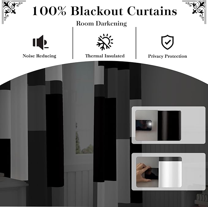 Black Grey 100% Blackout Curtains for Bedroom 84 inch Long 2 Panels Set White Gray Modern Abstract Geometric Black Out Curtains Insulated Room Darkening Window Drapes for Living Room, 52Wx84L