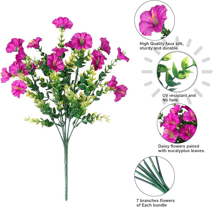 Artificial Flowers Fake Plants for Outdoors Decoration, 12 Bundles Silk Morning Glory with Eucalyptus Realistic UV Resistant Fuchsia Faux Flowers for Outside Planter Yard Patio Garden Home Indoor Urn