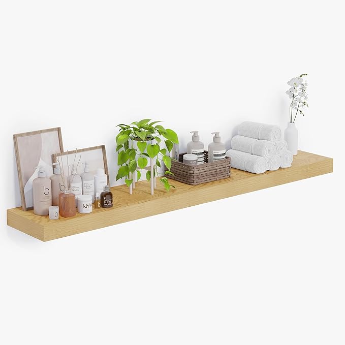 Heimlove 12 Inch Deep Floating Shelves, 72 x 12 inches Long Wall Shelf, Large Extra Display Shelf & Storage Shelf, Rustic Wood Wall Shelves for Fireplace Mantel, Oak - 1Pack