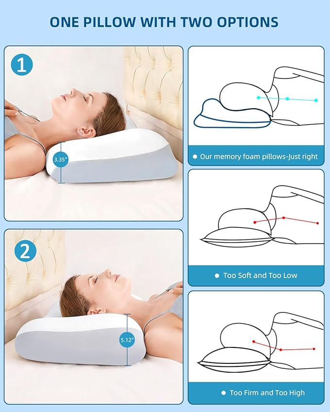 Sleep Pillow Ergonomic Contour Design Cooling Memory Foam Pillows for Neck Support, Side & Back Sleepers White