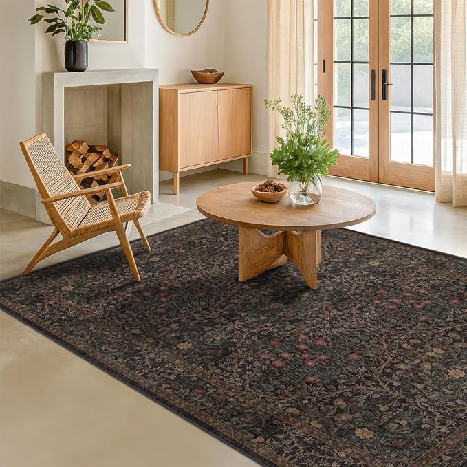 Taupe Brown 5x8 Rug for Living Room - Vintage Traditional Dark Neutral Floral, Washable Foldable Non-Slip Area Rugs for Dining Under Table, Home Office, Guest Room