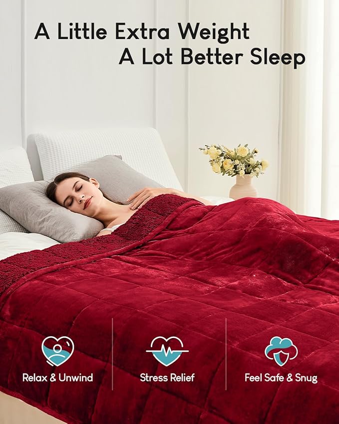 Cottonblue Sherpa Weighted Blanket for Adults 15 lbs Queen Twin Size 60x80 inches, Fuzzy Fleece Weighted Throw Blankets Cozy for Sleeping, Calming and Relax, Soft Heavy Blankets for Bed Sofa, Burgundy