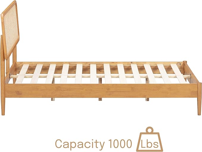 NTC Lupin Wooden Bed Frame with Headboard and Natural Rattan, Solid Oak/Rubber Wood Foundation with Silent Slats, 1000 Lb Capacity, Effortless Assembly (Natural Cane - Rustic Oak, King)