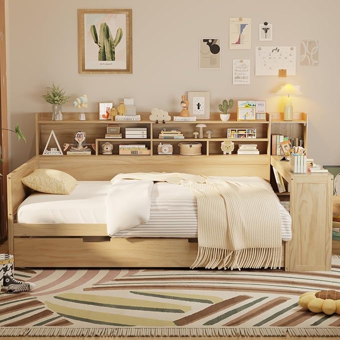 Merax Full Size Corner Bed Frames with Desk and Trundle & Storage Shelves Headboard, Pinewood U-Shaped Captain Daybed for Small Room, Bedroom, Guest Room, Kids' Room, Natural