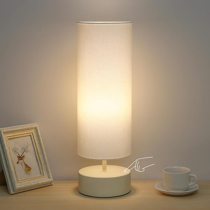 Touch Control Table Lamp, 3 Way Dimmable Bedside Table Lamp with Cream Base, Simple Nightstand Lamp with Beige Shade, Modern Night Light for Bedroom Living Room Home Office, 9W LED Bulb Included