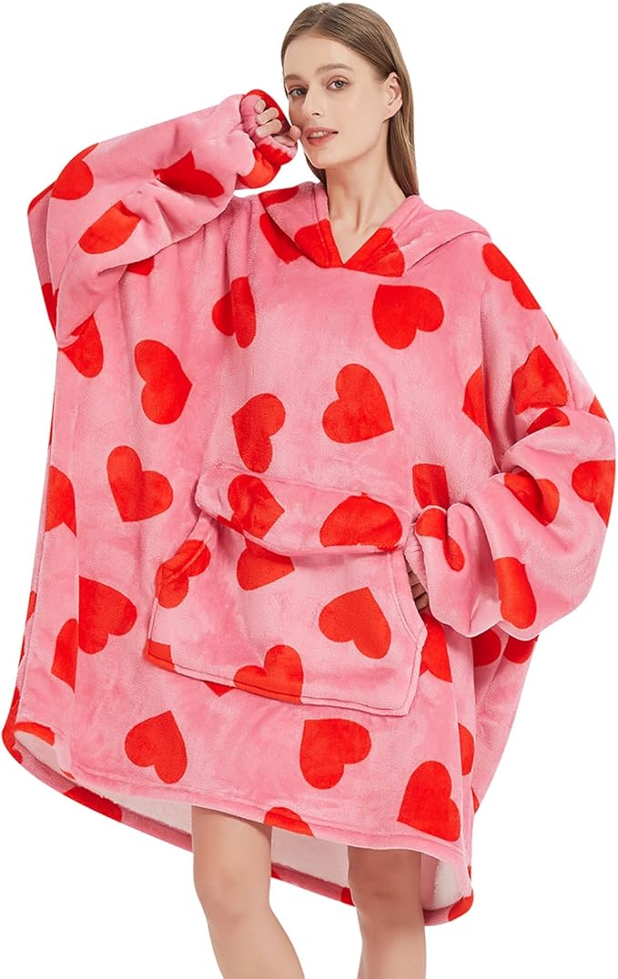 Wearable Blanket Hoodie for Adult,Oversized Sherpa Fleece Blanket Hoodie for Women Men,Heart