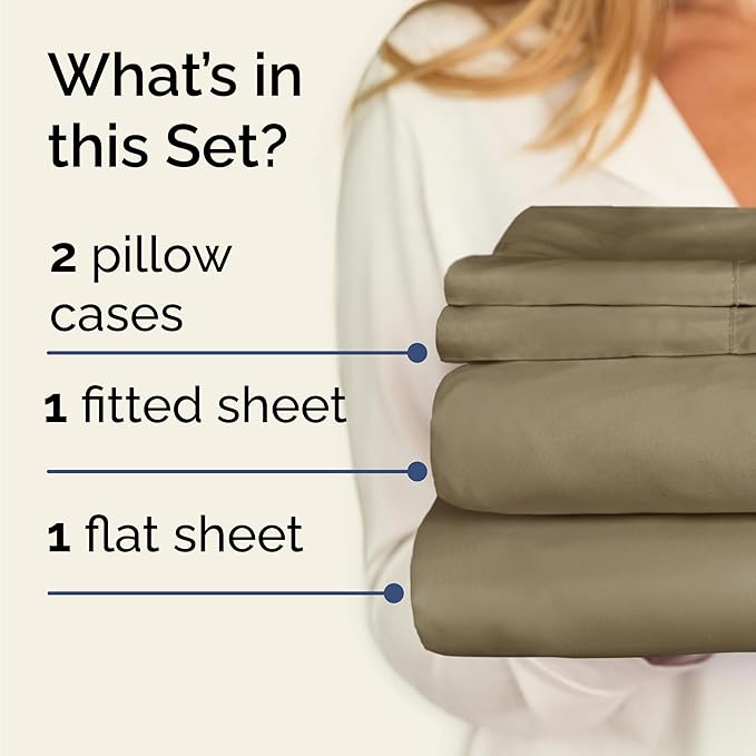Twin 4 Piece Sheet Set - Cooling, Comfy & Breathable - Hotel Luxury Bedding, Includes Fitted Sheet for Women, Men, Kids and Teens - 1 Flat, 1 Fitted Sheet, 2 Pillowcases with Deep Pockets - Khaki