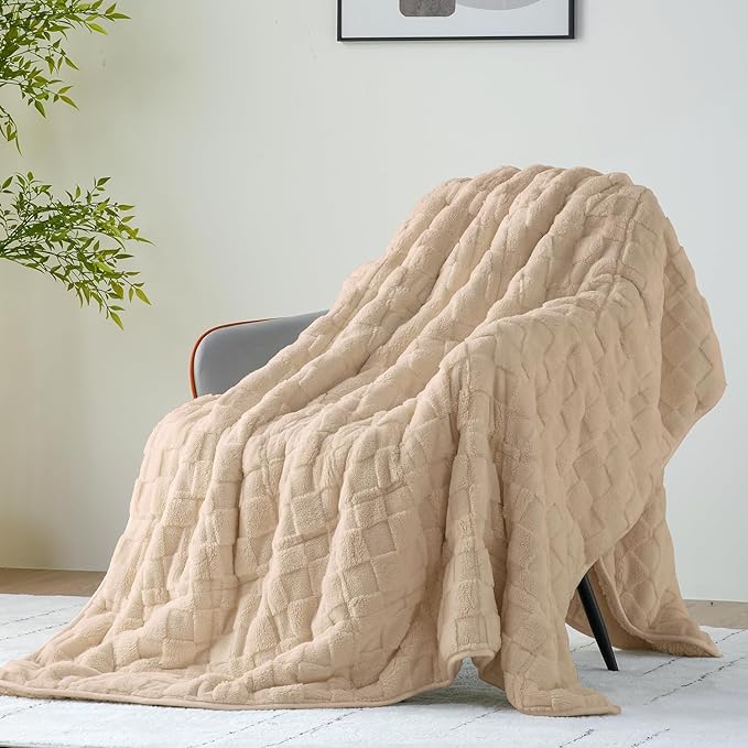 Uttermara Sherpa Fleece Weighted Blanket Queen Size, 3D Jacquard Checkered Warm Sherpa Heavy Blanket for Adults, Soft Fuzzy Weighted Blankets for Couch Bed Sofa, 60" x 80" 15lbs in Tan