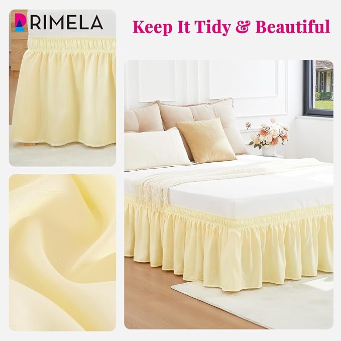 RIMELA Bed Skirt King Size 15 Inch Drop, Wrap Around Elastic Bedskirt Solid Microfiber Luxury Hotel Quality Fabric, Easy to Install Machine Washable Wrinkle & Fade Resistant, Beige Yellow