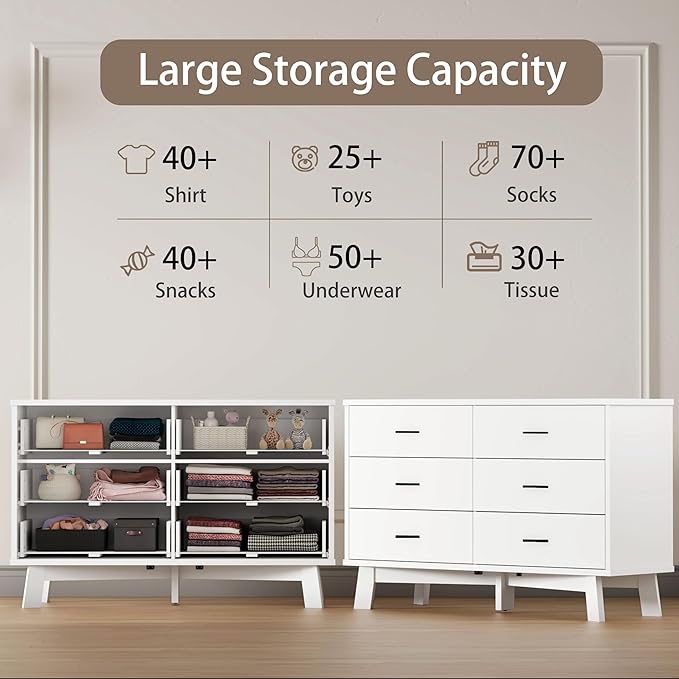Dresser for Bedroom, 6 Drawer Wide Modern Chest of Drawers with X-Shaped Sturdy Base, Wood Double Dresser Closet Clothes Storage Organizer, Wooden TV Stand for Living Room, Hallway, White