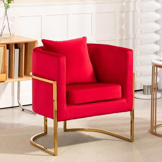 Velvet Modern Accent Chair, Upholstered Barrel Armchair Mid Century with Pillow for Living Room, Comfy Single Vanity Chair with Metal Gold Legs for Bedroom, Rose Red