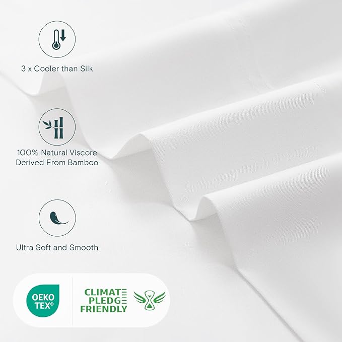LuxClub Queen Sheet Set, 100% Viscose Derived from Bamboo Cooling Sheets, Breathable & Soft Deep Pocket Up to 16", Hotel Luxury Silky Sheets Queen Size, White