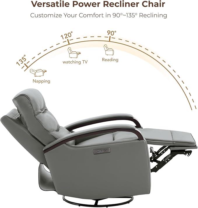 CHITA Genuine Leather Power Swivel Glider Rocker Recliner, FSC Certified Mid Century Modern Recliner Chair for Adults, Adjustable Power Headrest, for Nursery and Living Room, Haze