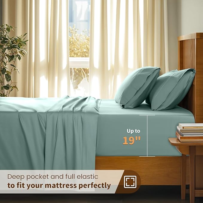 LBRO2M 100% Cotton Sheets Set Deep Pocket 19", 1000 Thread Count California King Size 4 Piece Bed Sheet Sets Soft Comfortable Bedding All Season (California King, Sage Green)