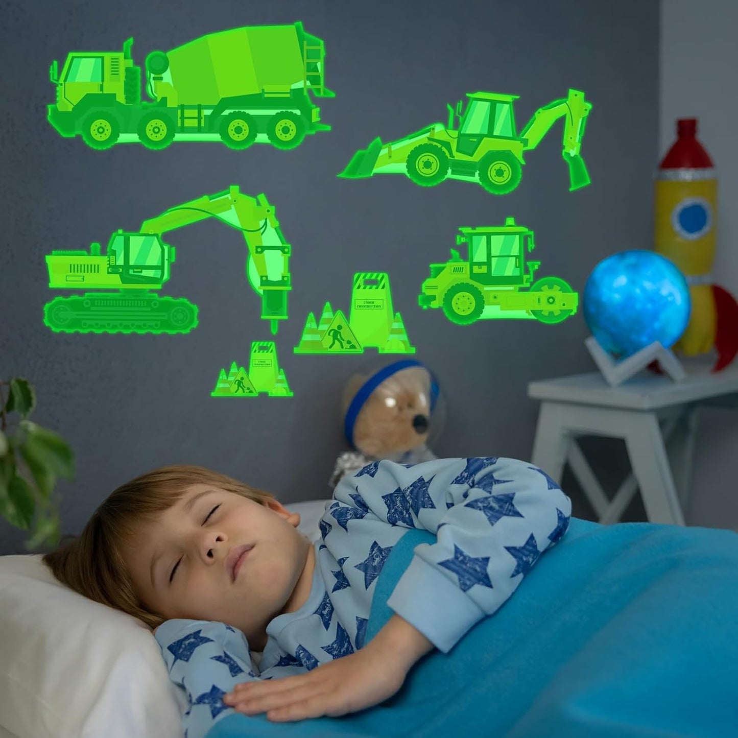 Glow in The Dark Construction Stickers, 23 PCS Glowing Luminous Truck Excavator Tractor Wall Decals Vehicle Truck Ceiling Stickers for Kids Boys Girls Bedroom Nursery Playroom Party Room Decor