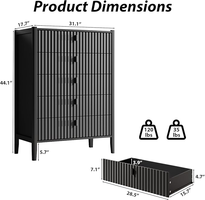 5 Drawer Dresser, Modern Chest of Drawers for Bedroom, Wood Fluted Dresser Organizer with Deep Drawers for Clothes, Nightstand for Bedroom, Hallway, Living Room, Entryway, Black