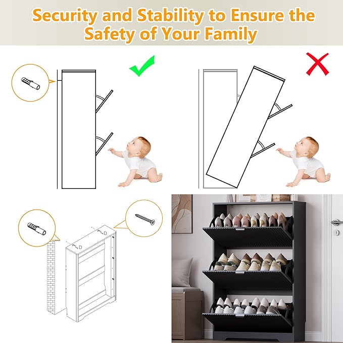 Entryway Shoe Cabinet with 3 Flip Drawers, Narrow Shoe Organizer Cabinet with Fluted Panel and Adjustable Shelves for Foyer, Hallway