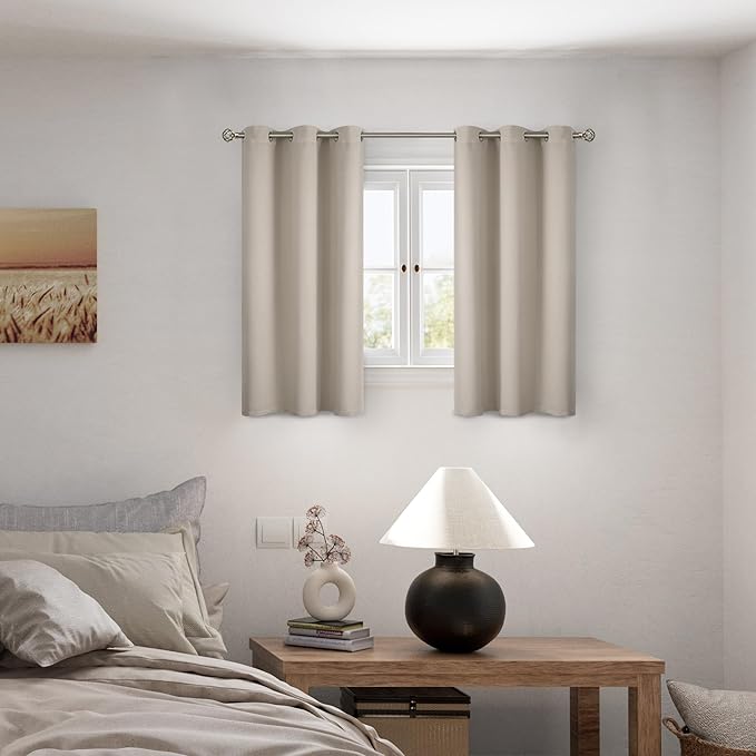 BGment Short 100% Blackout Curtains for Bedroom, Thermal Insulated Energy Efficiency Noise Reducing Grommet Curtains 45 Inch Length with Liner for Small Window 2 Panels Each 42 Inch Wide, Cashmere