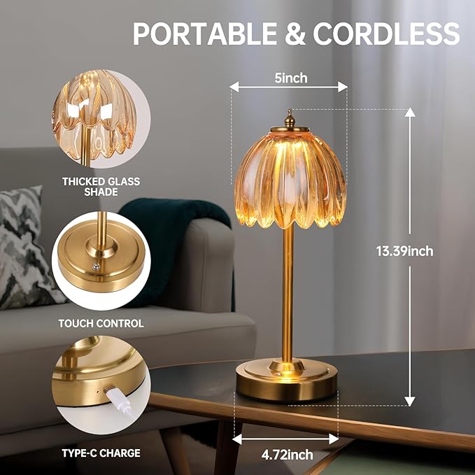 Set of 2 Tulip Table Lamp with 5000mAh Battery & Touch Control, Cordless Small Table Lamp with 3 Colors, Dimmable Rechargeable Table Lamps for Bedroom, Desk, Bedside (Amber Tulip)