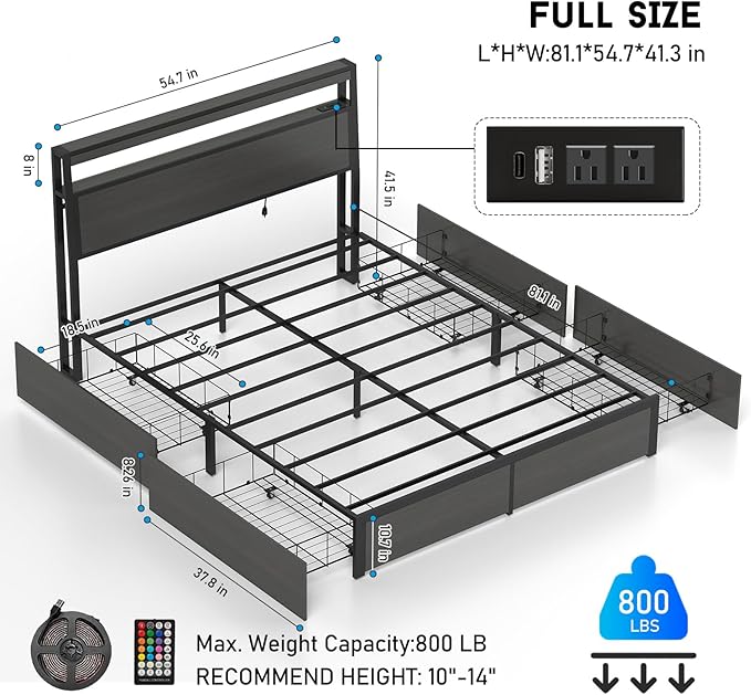 Fabuils Full Size Bed Frame with Storage, LED Wood Bed Platform with Headboard, 4 Drawers, Charging Station, No Box Spring Needed, Metal Support Base,Charcoal Grey