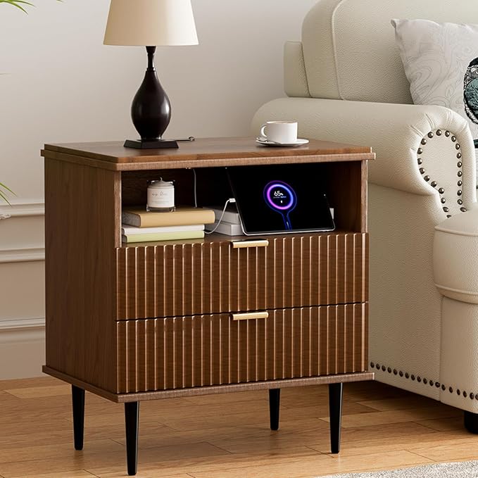 Modern Nightstand with Charging Station, 2-Drawer Fluted Wood Bedside Table with USB, Type-C & AC Outlets, Metal Legs, Perfect for Your Bedroom (Walnut, 23.3)