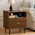 Modern Nightstand with Charging Station, 2-Drawer Fluted Wood Bedside Table with USB, Type-C & AC Outlets, Metal Legs, Perfect for Your Bedroom (Walnut, 23.3)