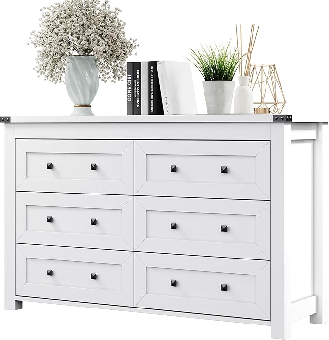 Dresser for Bedroom with 6 Drawers, Farmhouse Wood Chest of Drawers, Wide TV Stand Closet Storage Furniture with Metal Handle, Modern Clothes Organizer for Hallway, Living Room, Entryway, White