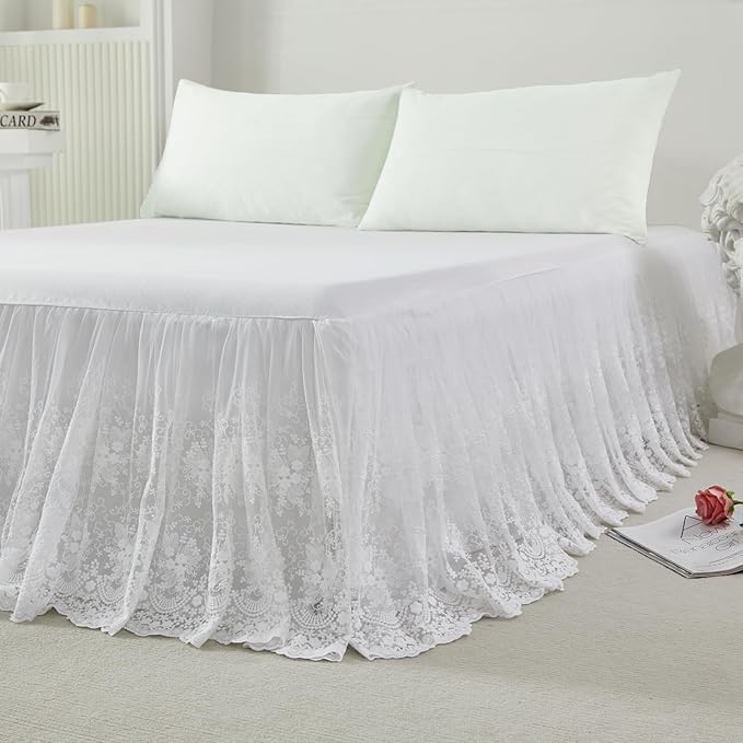 Brandream Lace Bed Skirt Queen Size White 18 Inch Drop Romantic Dust Ruffle Split Corners Bed Sheets Cover Excellent Quality