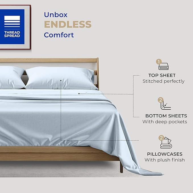 THREAD SPREAD Split King Size Sheets Set Cotton - 400 Thread Count Cotton Split King Sheets 5 PC Set (Light Blue), Ultra Soft, Cooling, Hotel-Quality 16" Deep Pocket Sateen Bedsheet for Hot Sleepers