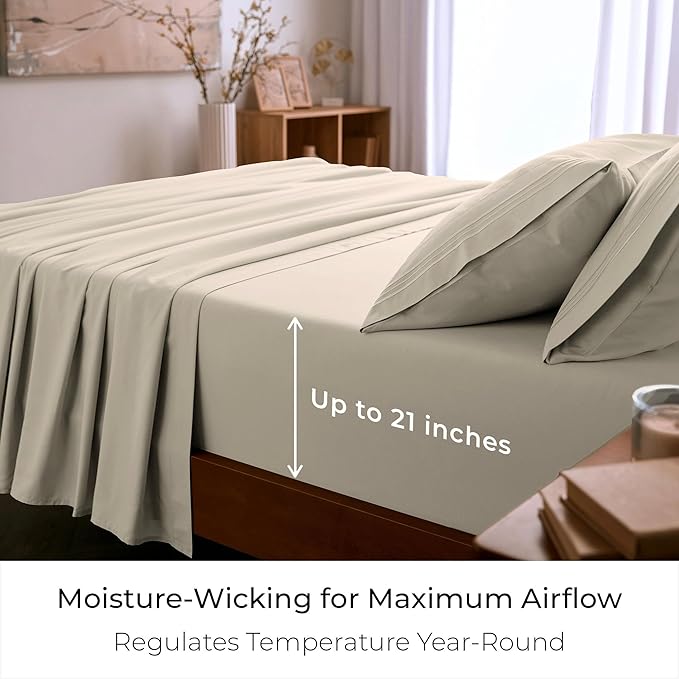Mellanni Full Sheet Set - 6-Piece Iconic Collection Bedding, (Including 4 Pillowcases), 21-Inch Extra Deep Pocket, Easy Care, Ultra Soft, Cooling Sheets, Brushed Microfiber - Beige