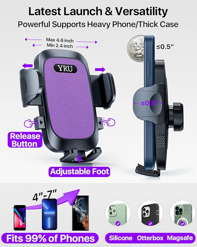 [2025 Upgrade Extreme Strong Suction] YRU Car Phone Holder Mount,[Bumpy Road Stable]Dashboard Cell Phone Holder for Car Vent Windshield Phone Stand for iPhone 16 15 14 13 Pro Max Samsung Truck, Purple